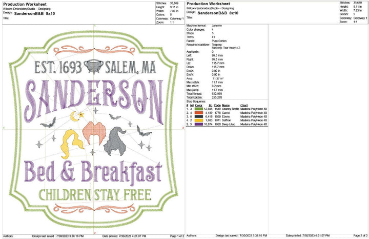 Sanderson Bed and Breakfast production worksheet 8x10