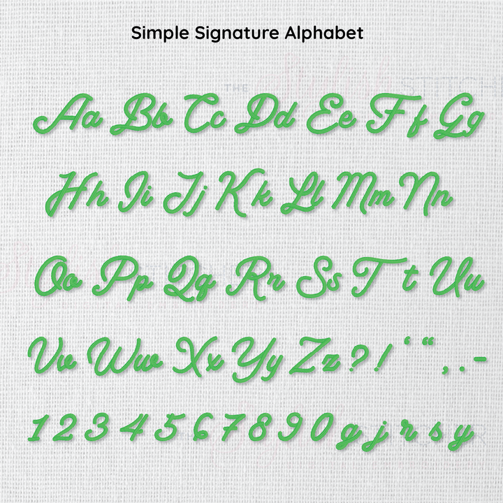 Simple Signature font alphabet set in green on a textured white background