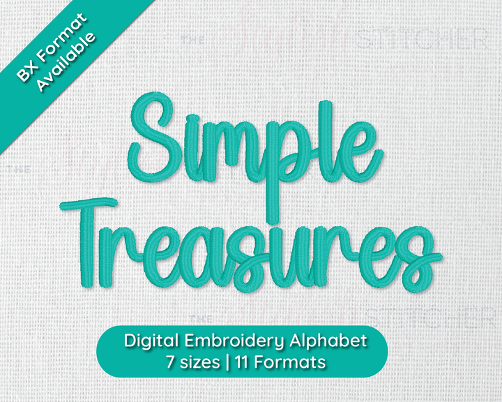 Photograph of stitched out Simple Treasures embroidery font