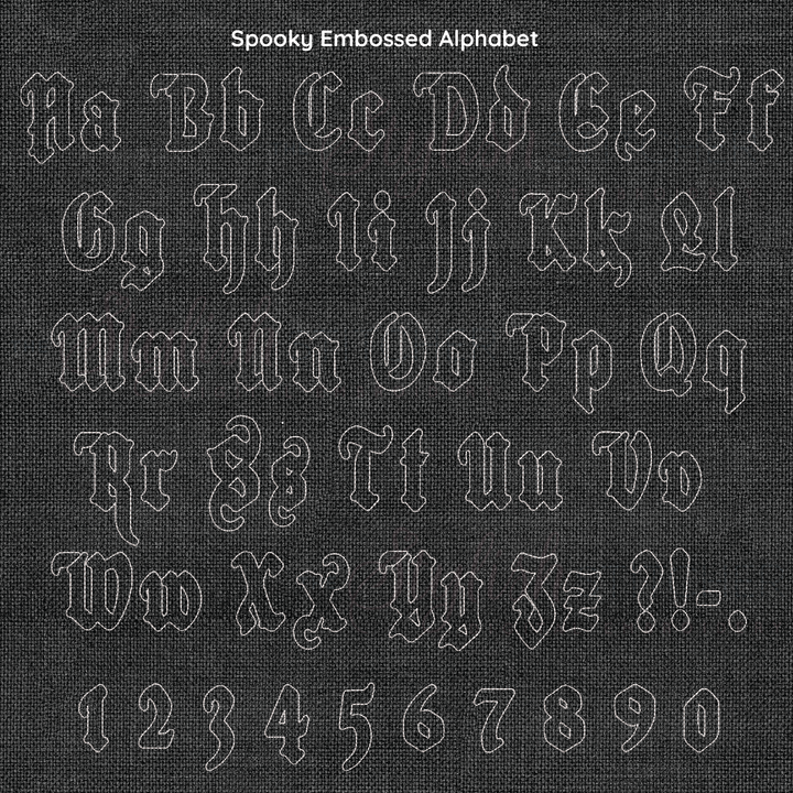 Spooky embossed alphabet and numbers on a textured black background