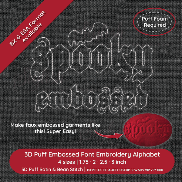 3D Puff Embossed Font Embroidery Alphabet on a black background.