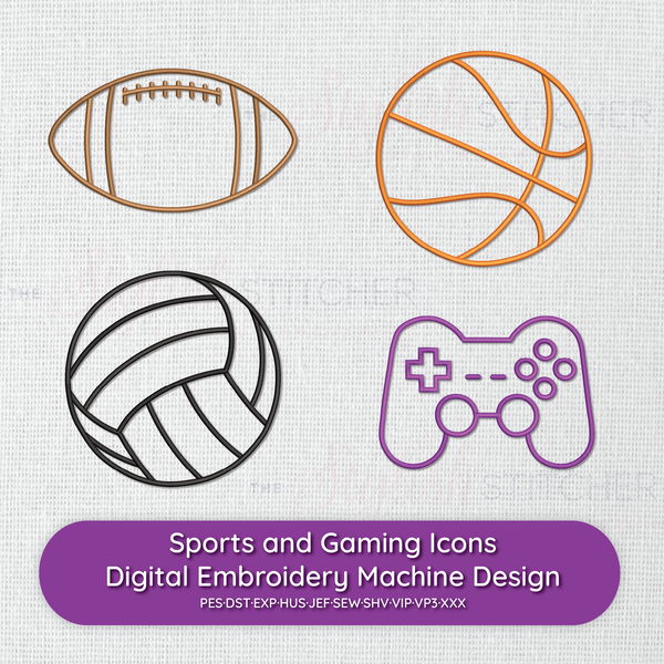 Digital embroidery machine sports and gaming icons on a fabric background.