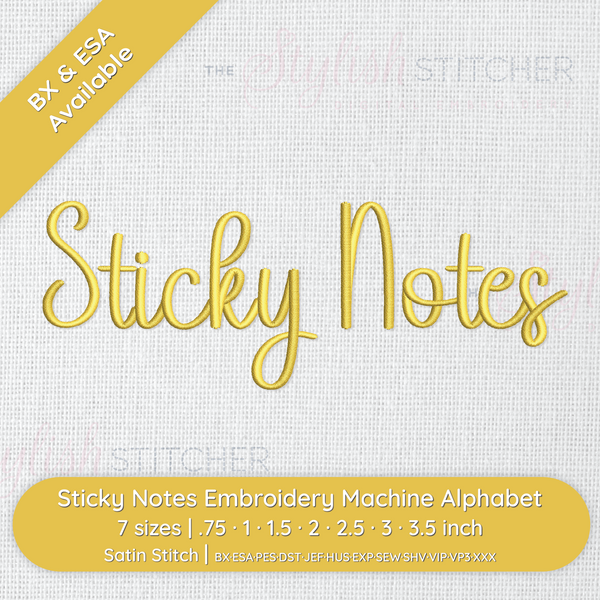 Sticky Notes embroidery machine alphabet on a textured white background.