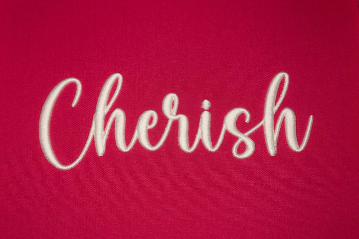 Close up photograph of stitched out 3D Cherish Puff embroidery font