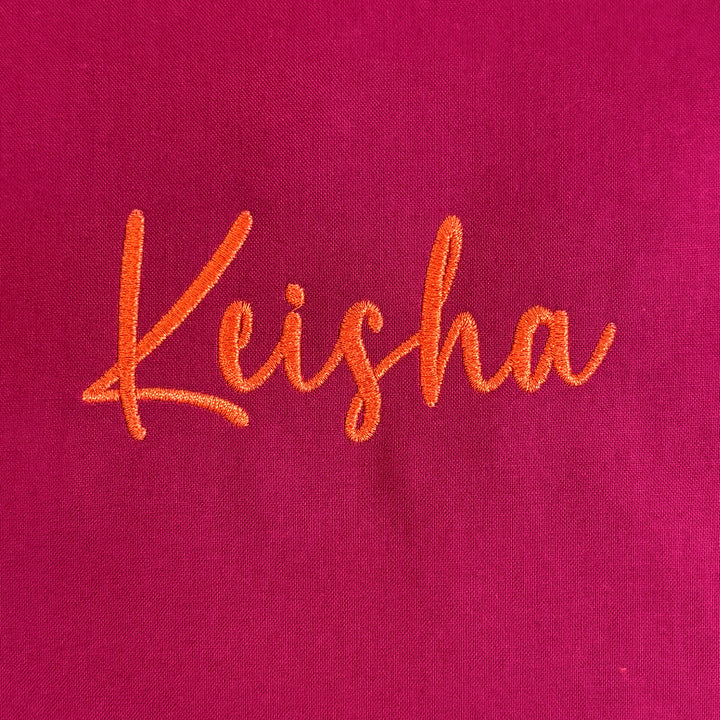Photograph of stitched out Keisha embroidery font