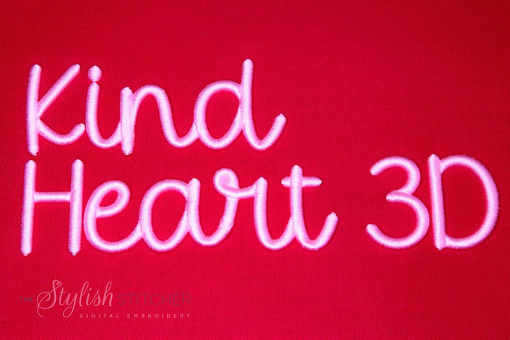 Photograph of stitched out Kind Heart 3D embroidery font