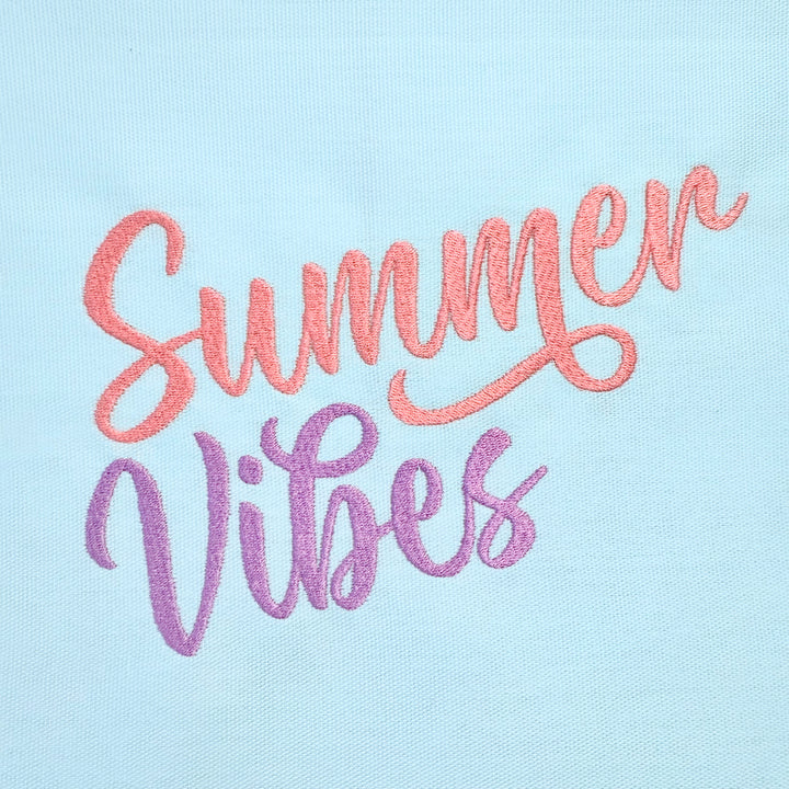 Photograph of stitched out Summer Vibes embroidery font