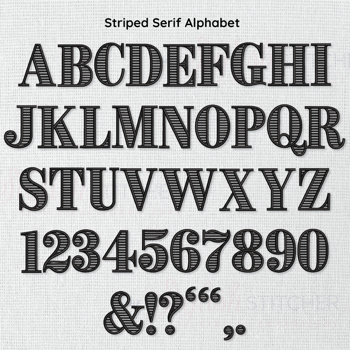 Striped serif alphabet and numbers on a white background