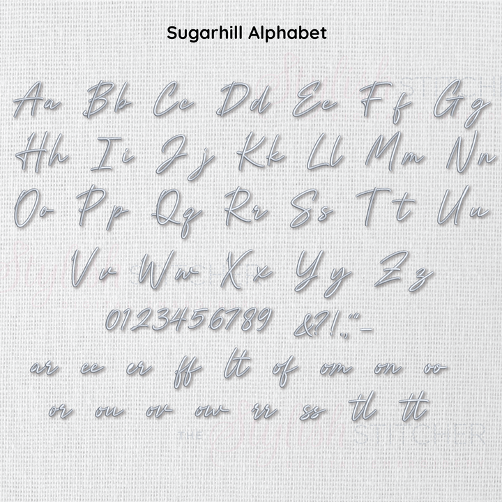 Photograph of Sugarhill embroidery font alphabet on a white background