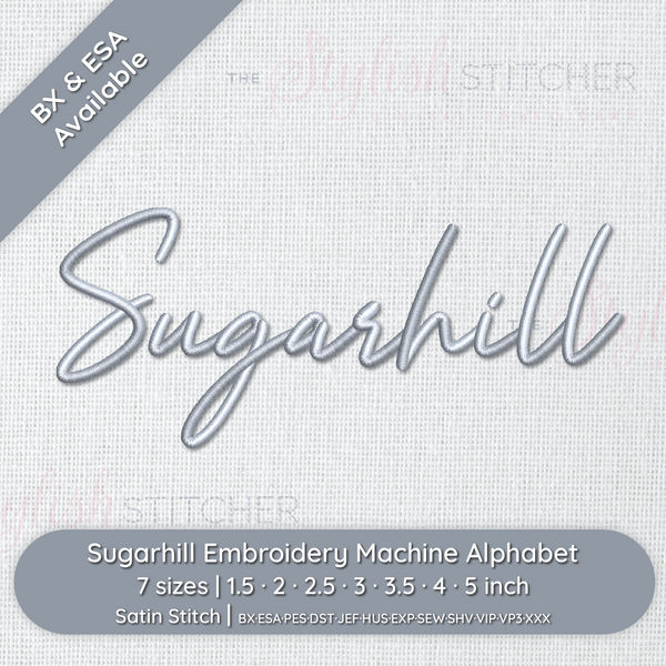 Embroidery alphabet test with 'Sugarhill' embroidered on a white background