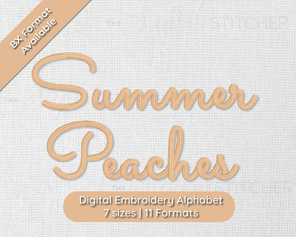 Photograph of stitched out Summer Peaches embroidery font