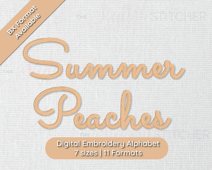 Photograph of stitched out Summer Peaches embroidery font