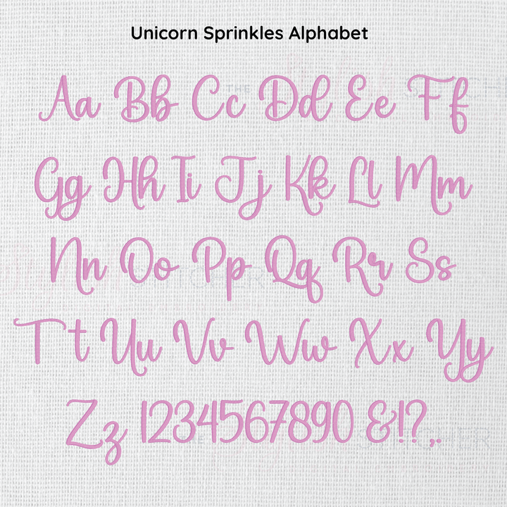 Photograph of stitched out Unicorn Sprinkles embroidery font alphabet