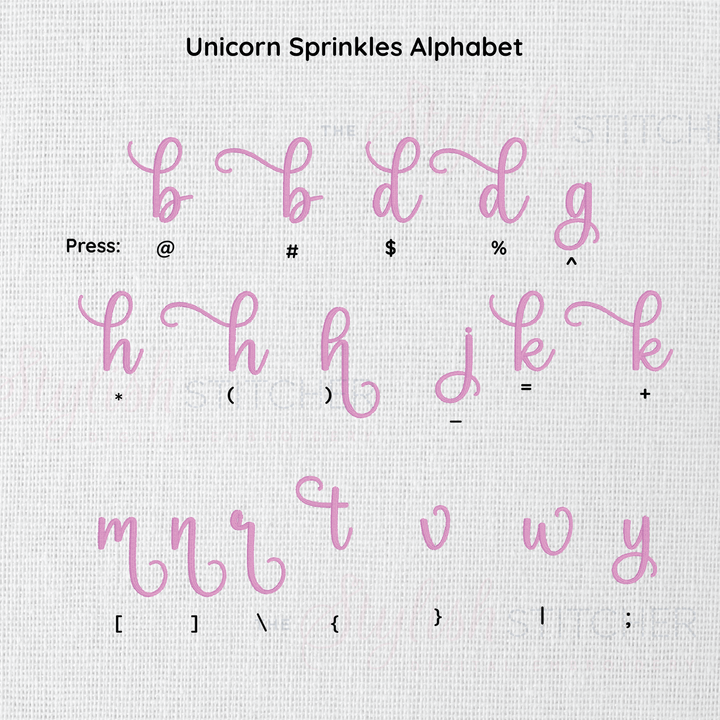 Photograph of stitched out Unicorn Sprinkles embroidery font alternate alphabet
