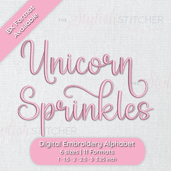 Photograph of stitched out Unicorn Sprinkles embroidery font