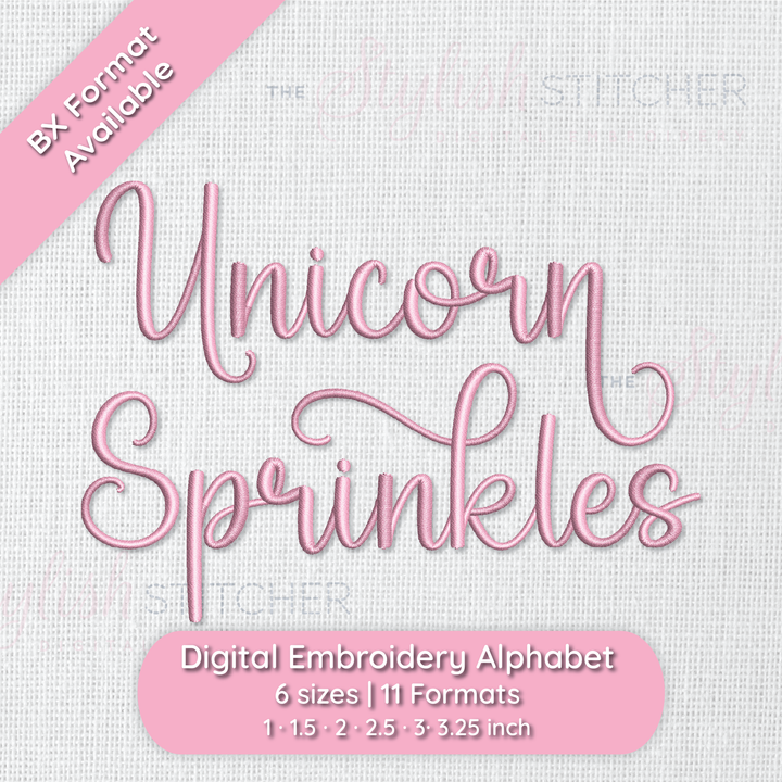 Photograph of stitched out Unicorn Sprinkles embroidery font