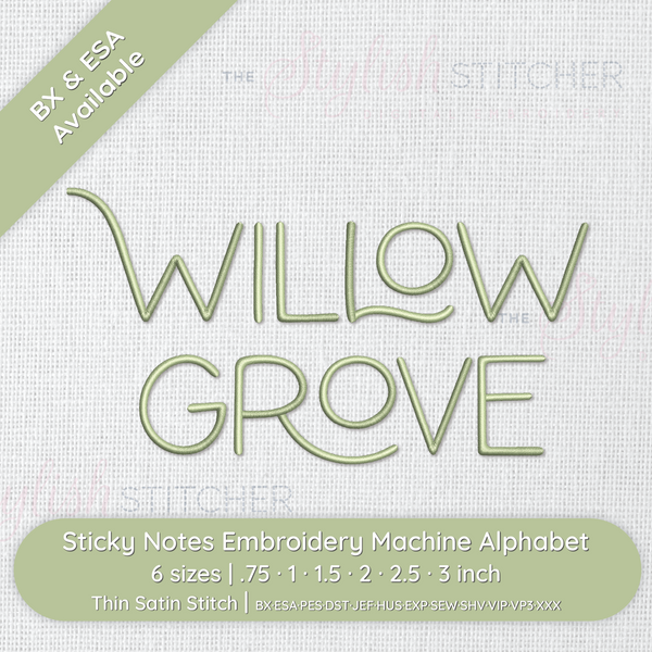 Embroidery machine alphabet set with 'WILLOW GROVE' text on a white fabric background.