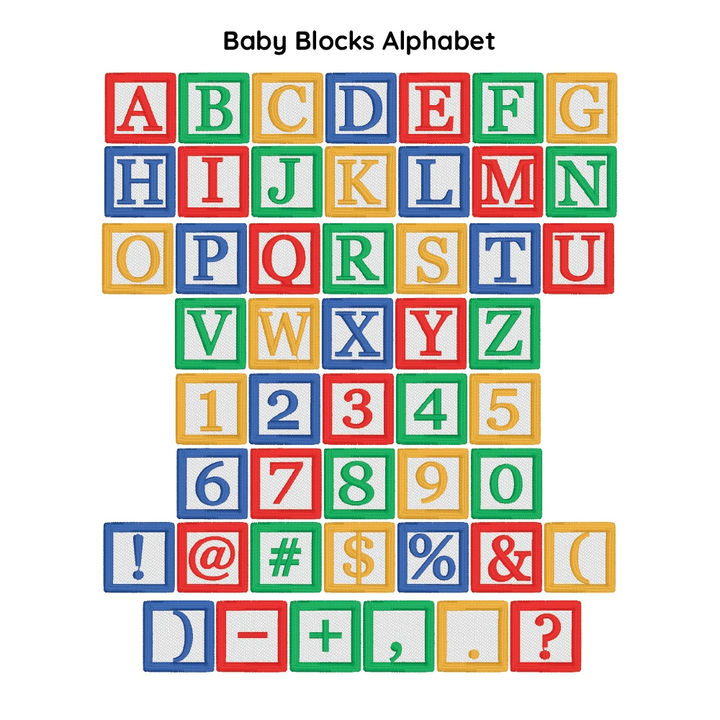 Photograph of Baby Blocks embroidery font alphabet