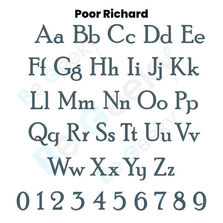 Photograph of Poor Richard embroidery font alphabet