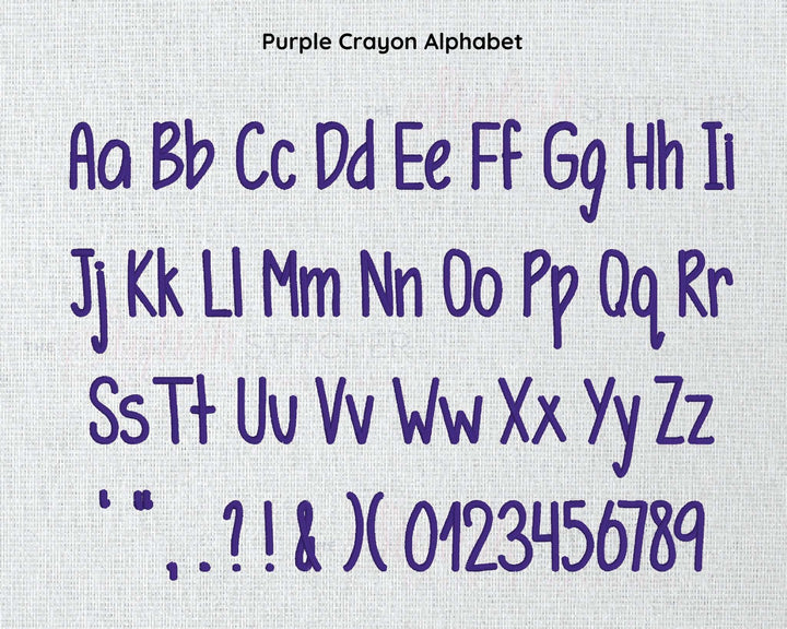 Photograph of Purple Crayon embroidery font alphabet
