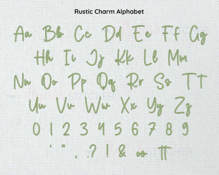 Photograph of Rustic Charm embroidery font alphabet