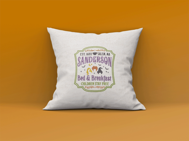 Photograph of a pillow featuring Sanderson Bed and Breakfast design