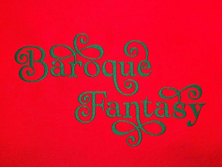 Photograph of stitched out Baroque Fantasy embroidery font
