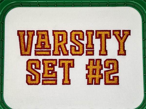 Photograph of stitched out Varsity Set 2 embroidery font