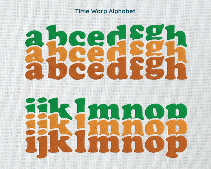 Photograph of Time Warp embroidery font alphabet