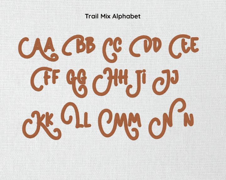 Photograph of Trail Mix embroidery font alphabet