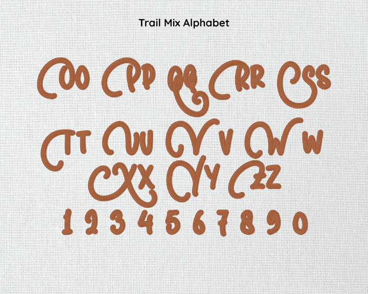 Photograph of Trail Mix embroidery font alphabet