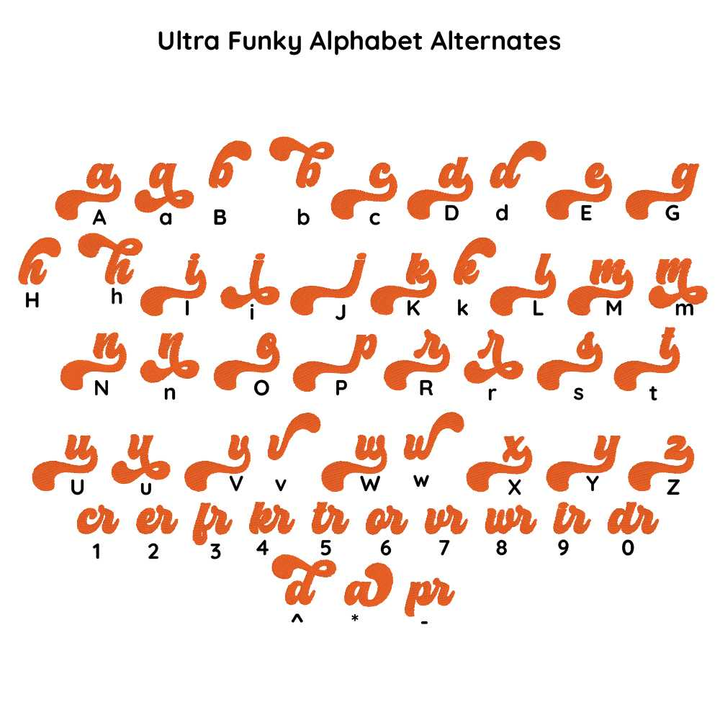 Photograph of Ultra Funky  embroidery font alternate alphabet