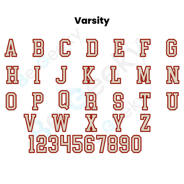 Photograph of Varsity embroidery font alphabet