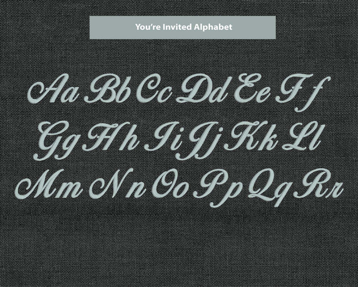 Photograph of You're Invited embroidery font alphabet